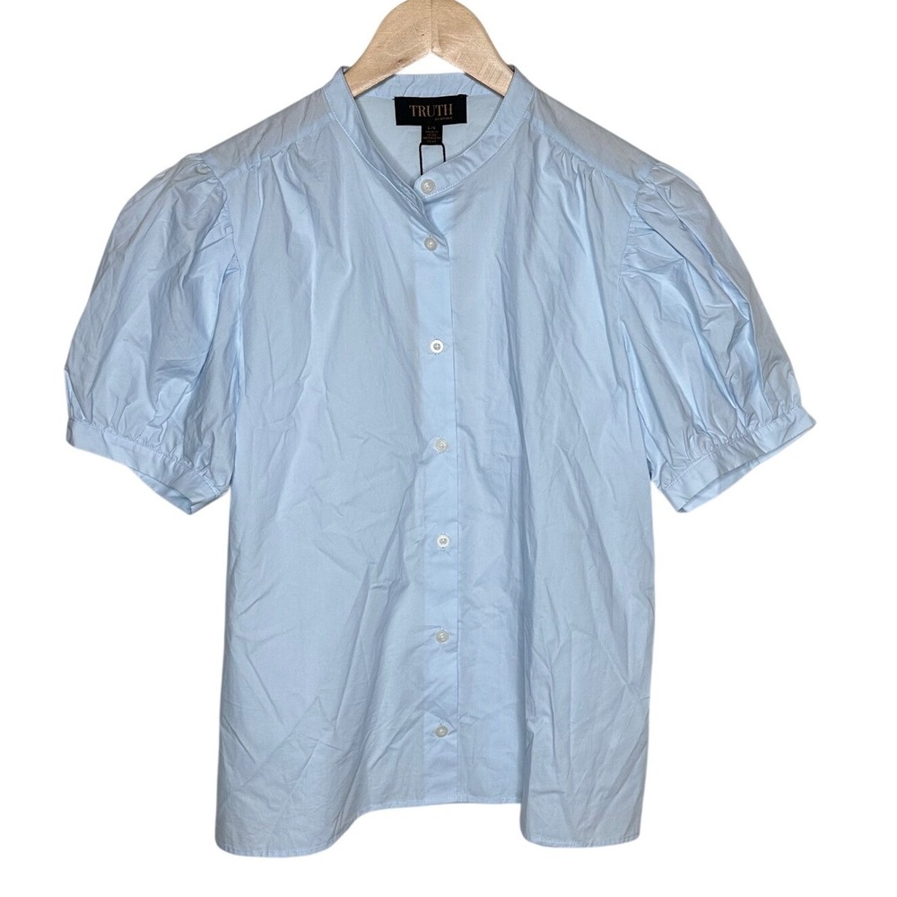 NWT Truth Mock Neck Puff Sleeve Button Down Shirt Blouse size Large Light Blue